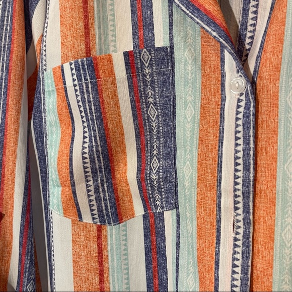 Striped Tribal Aztec Multicolor Button Shirt Blouse - Picture 8 of 8